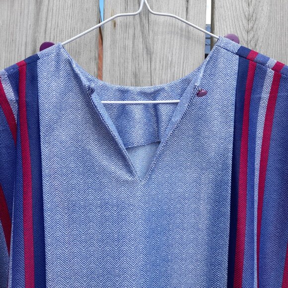 Vintage 70s Tunic Dress Kaftan 45"B Blue Red Stripes Dolman Sleeves - Picture 14 of 15